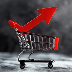 Poster - Illustration of a shopping cart with a red arrow pointing upwards, perfect for concepts related to online shopping or e-commerce