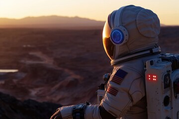 Aufkleber - Astronaut looking out at the vast desert landscape, suitable for space exploration or futuristic theme
