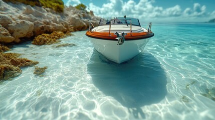 Poster - A small white boat floating on the surface of a calm lake or sea