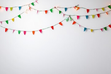 Poster - A white wall with a vibrant display of colorful flags, ideal for use in events, festivals, and celebrations