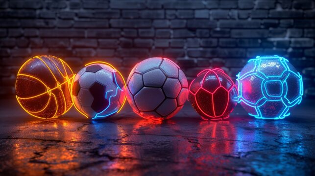 Craft a neon collection of sports symbols, featuring glowing basketballs