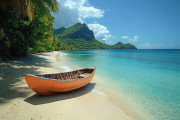 Poster - A wooden boat sits on the edge of a sandy beach, waiting for its next adventure