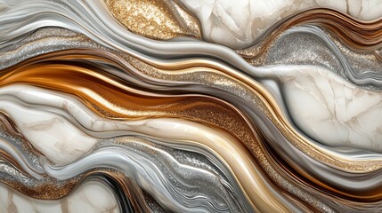 Wall Mural - swirling, glossy waves in rich gold, brown, and silver tones. a luxurious 3d liquid background perfe