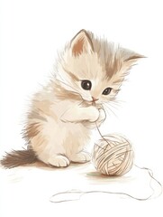 Aufkleber - Cute kitten interacts playfully with a ball of yarn on a white background with space for text. Generative AI