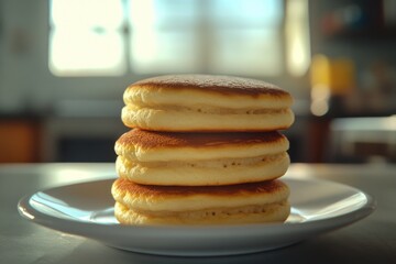 Wall Mural - A stack of fluffy pancakes sitting on a clean white plate, ready to be served