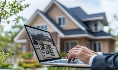 a person using a laptop to design or visualize a house in the background.