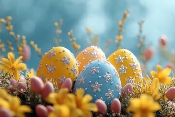 Poster - Colorful Easter eggs placed on a vibrant green meadow, perfect for springtime or Easter-themed projects