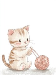 Poster - Cute kitten joyfully playing with a yarn ball in a bright and playful setting with space for your text. Generative AI