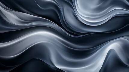 Wall Mural - An abstract panorama of black and gray satin fabric, with a luxurious, shiny texture. The soft, flowing waves and blurred patterns create an elegant, silky cloth background.