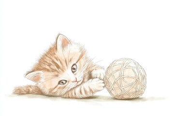 Poster - Cute kitten plays with a soft ball of yarn in a cozy indoor setting featuring ample copy space. Generative AI