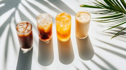 Wall Mural - An assortment of iced coffee drinks, including espresso tonic, iced mocha, and latte, arranged on a white concrete surface with palm shadows. A minimalist summer composition perfect for a coffee menu.