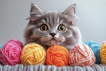 Aufkleber - A domestic cat sitting on top of a pile of colorful balls of yarn, perfect for crafts or feline-themed designs