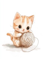 Poster - Cute kitten plays joyfully with a ball of yarn in a bright and cheerful space for creative mock up. Generative AI