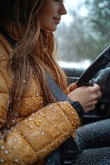 Poster - A woman sits inside a car covered in snow