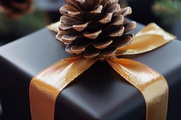 Canvas Print - A small, black gift box adorned with a golden ribbon and a natural pinecone