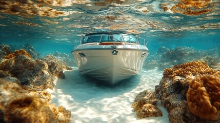 Poster - A lone white boat drifting in the calm ocean, perfect for a serene and peaceful atmosphere