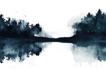 Poster - Black and white photograph of a serene lake surrounded by trees