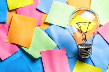 Poster - A light bulb sits atop a pile of colorful post-it notes, perfect for highlighting creative ideas or adding a touch of whimsy to any space