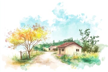 Poster - A watercolor painting of a cozy house surrounded by lush green trees