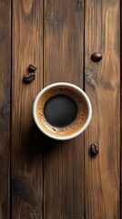 Sticker - Coffee cup with brown liquid and coffee beans on wooden surface at cozy cafe