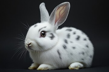 Wall Mural - A white rabbit sits on a black surface, featuring distinctive black spots