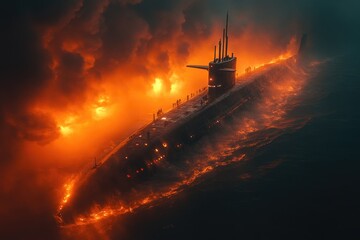 Poster - A submarine floating on the surface of a large body of water, possibly for maintenance or inspection