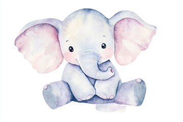 Poster - A gentle baby elephant is depicted in a soft watercolor style