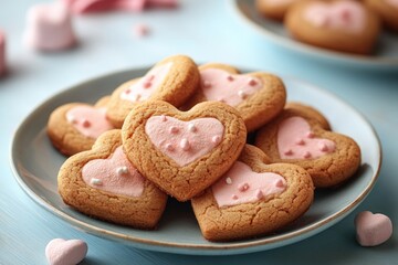 Poster - Freshly baked heart-shaped cookies with pink frosting, perfect for Valentine's Day or any romantic occasion