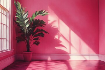 Wall Mural - Elegant indoor plant against vibrant pink wall with natural light streaming in