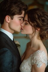 Poster - A man and a woman embracing and kissing in a loving moment