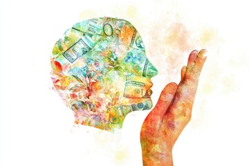 Aufkleber - A close-up shot of a person's hand holding a dollar bill in front of a watercolor painting of a person's head