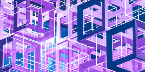 Poster - Abstract Geometric Digital Art in Purple and Blue 3d render wallpaper background