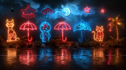 Poster - design a series of neon vacation symbols, including shining beach