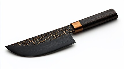 Black chef knife with dark wood handle and copper accents.