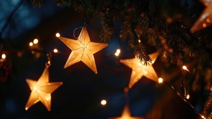 Poster - A whimsical scene with stars attached to tree limbs, perfect for use in illustrations or as a decorative element