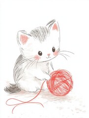 Poster - Cute kitten playing with red yarn in a cozy indoor setting with space for text or creative design. Generative AI