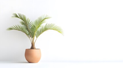 Canvas Print - A potted palm plant sits on a white surface against a minimalist white background. The terracotta pot complements the vibrant green leaves, creating a serene and calming image.