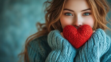 Poster - A woman wearing a blue sweater holds a red heart, great for Valentine's Day or love-themed concepts