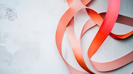 Wall Mural - Coral and orange ribbons arranged on a white textured background.