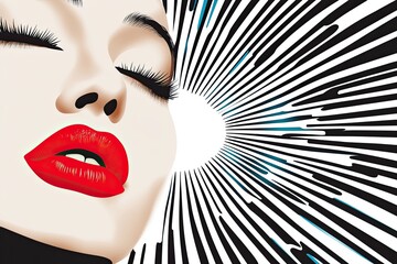 Poster - Minimalist Pop Art Portrait Featuring a Striking Red Lip and Dynamic Fractal Patterns