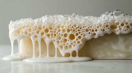 A close-up of a bubbly soap bar with frothy lather oozing over the edge, showcasing intricate patterns of bubbles and creamy texture.