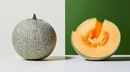 Sticker - A whole cantaloupe melon sits on a white background, next to a sliced cantaloupe on a green background.  The contrast highlights the fruit's texture and color.