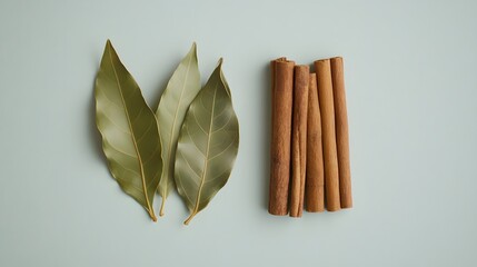 Canvas Print - Flat lay of three bay leaves and several cinnamon sticks on a light teal background. Simple, minimalist image ideal for culinary or spice-related projects.