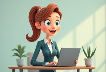 Aufkleber - A cheerful cartoon woman in a suit is working on her laptop.
