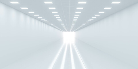 Poster - Bright White Corridor with Light at the End 3d render wallpaper background
