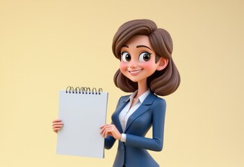 Poster - A smiling cartoon businesswoman in a blue suit holds up a blank notepad.
