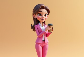 Poster - A 3D cartoon woman in a pink suit holds a coffee cup.
