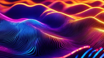 Fototapete - Vibrant waves of light in hues of blue, purple, and orange create a mesmerizing digital landscape.