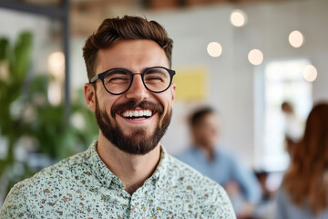 Poster - man with glasses is smiling and laughing in a restaurant. He is surrounded by other people, some of whom are also smiling. The atmosphere is cheerful and friendly