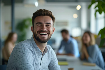 Poster - man with a beard is smiling and wearing a white shirt. He is surrounded by other people in a restaurant